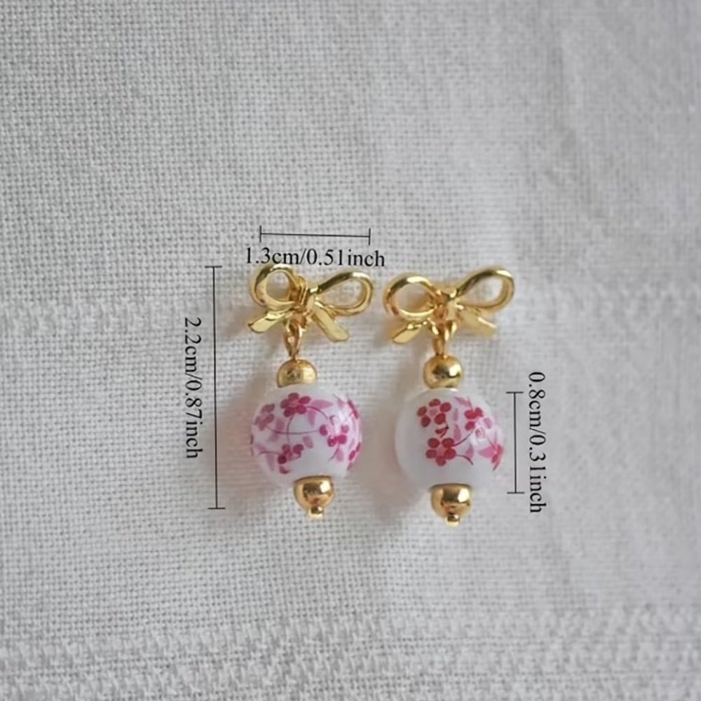 NEW Cute Gold and Pink Bow Cherry Blossom Ceramic Bead Earrings 🌸 - Picture 6 of 9